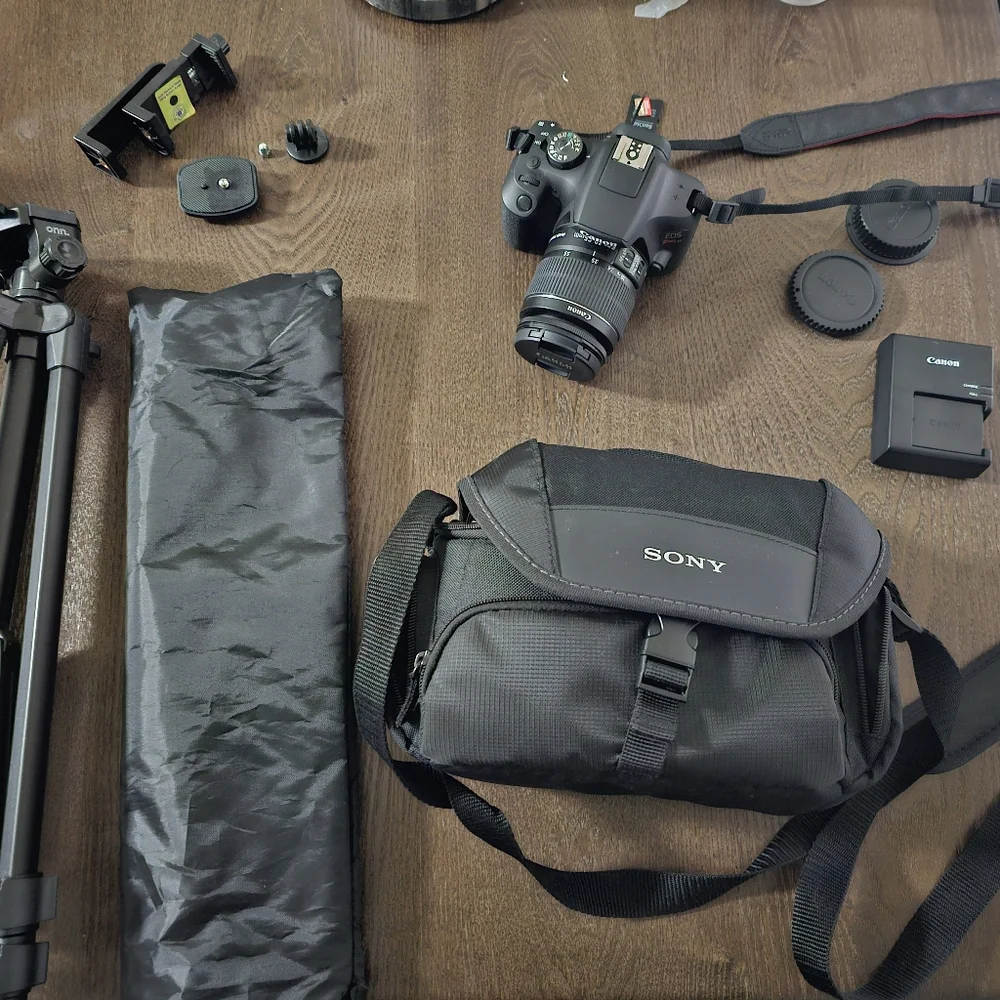 Canon - EOS Rebel T7 DSLR Video Camera with 8-55mm Lense - Black and accessories